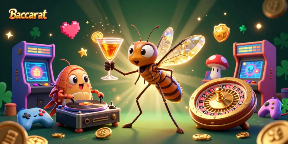 Baccarat scene with animated mosquito mascot and trilobite DJ amidst casino elements.