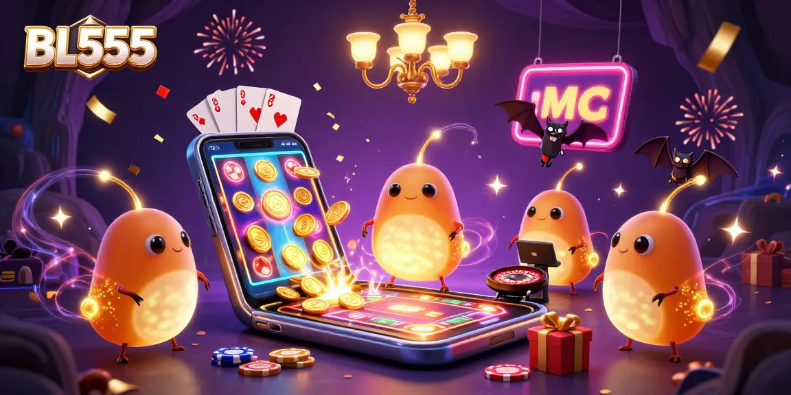 Experience the vibrant casino world of BL555 with glowing characters amidst exciting slot games.