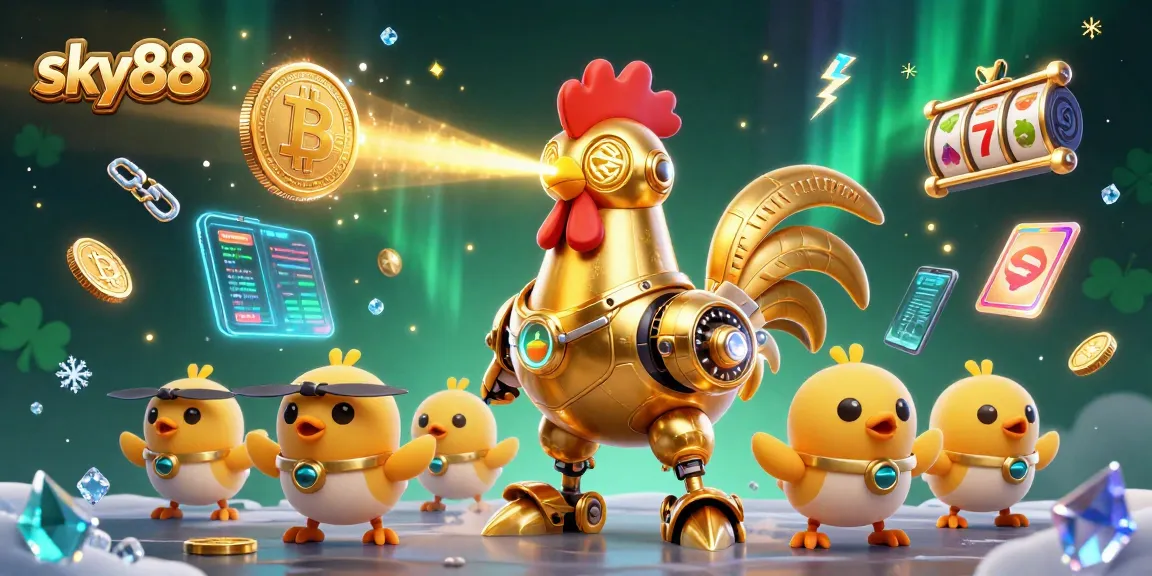 Experience the excitement of sky88 casino with a dynamic futuristic scene featuring a golden rooster robot and crypto elements.