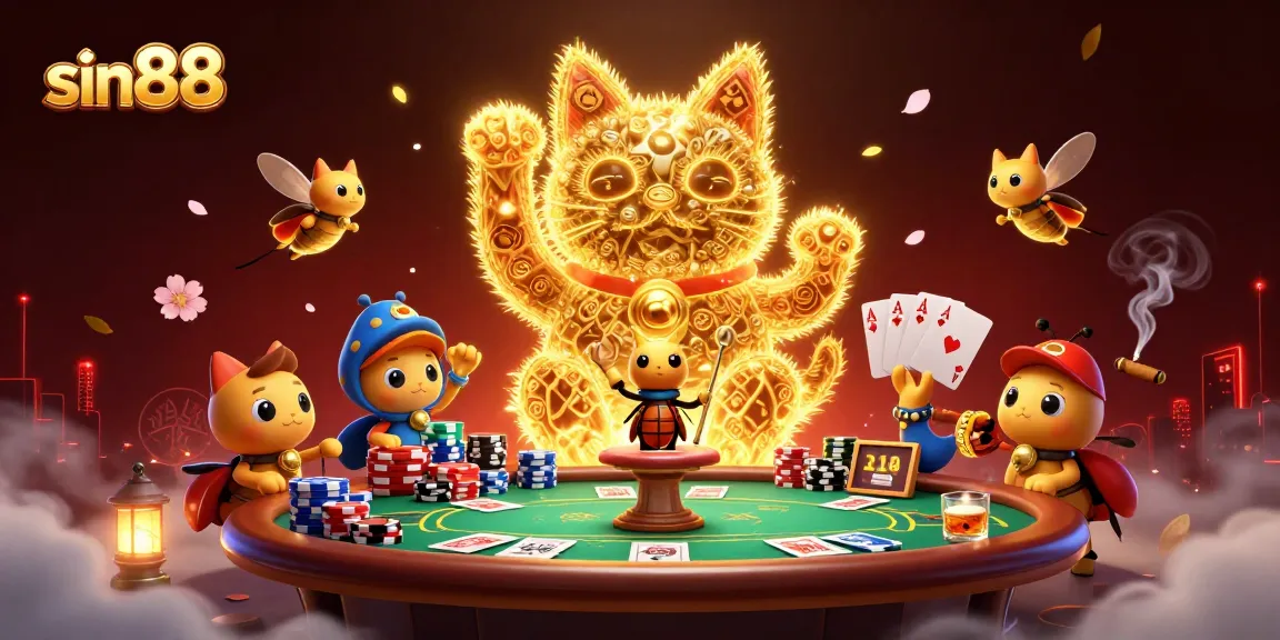 Play exciting casino games with sin88—golden fireflies, poker chips, and vibrant symbols abound!