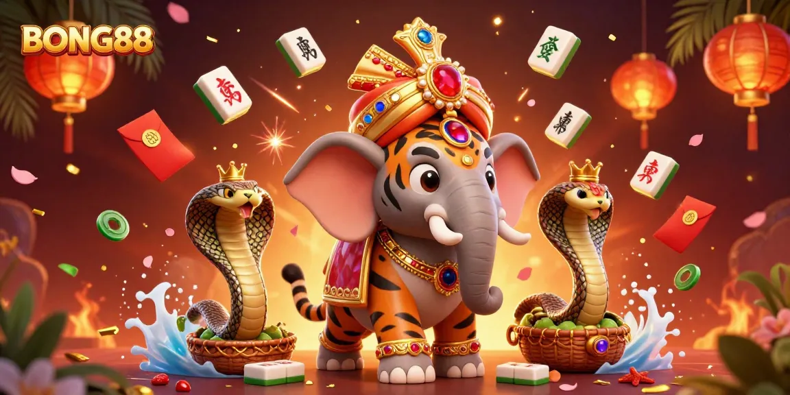 BONG88's dynamic online casino scene features a majestic tiger and elephant, surrounded by vibrant gambling elements.