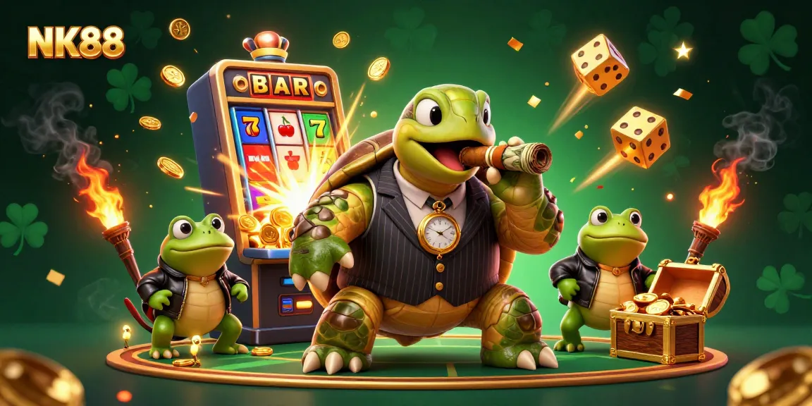 Experience the excitement of NK88 with a vibrant casino scene featuring a snapping turtle and bullfrogs in action.
