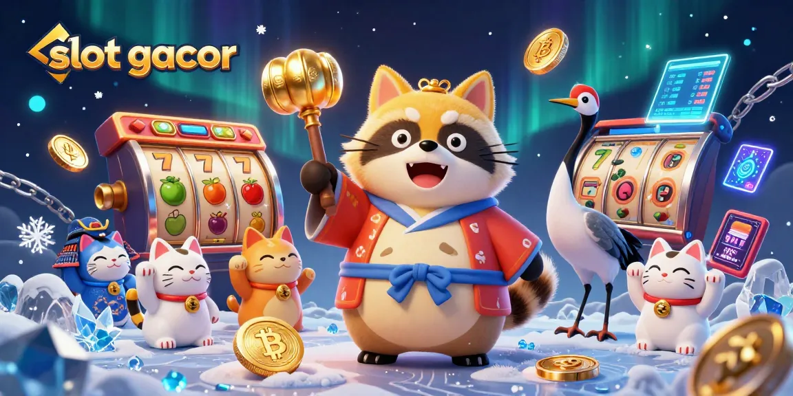 Menangbesar di slot gacor dengan karakter unik yang merayakan jackpot dalam suasana berwarna-warni.