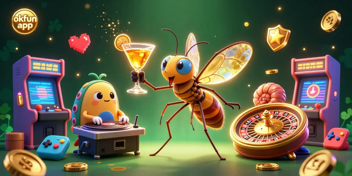 Experience the excitement of the okfun app featuring a casino mascot amidst vibrant gaming elements.