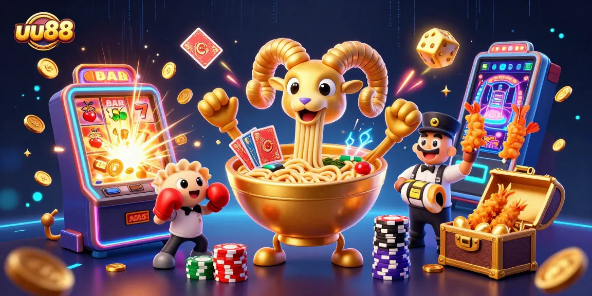 uu88 showcases a vibrant 3D illustration with a golden ramen bowl dealer amid an exciting casino scene, representing thrilling gaming.