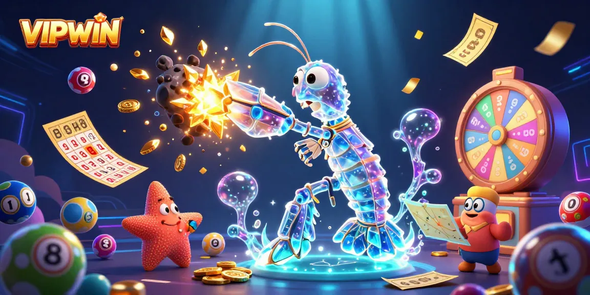 Experience exciting wins with VIPWIN as colorful lottery balls and prizes burst in a vivid casino atmosphere.