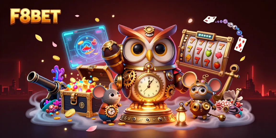 Win big with F8BET in this vibrant 3D casino scene featuring timeless characters and exciting slot elements.