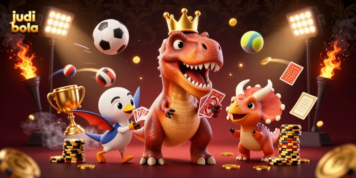 Permainan judi bola menampilkan T-Rex lucu yang berusaha membagikan kartu dengan dibantu pterodactyl, dikelilingi bola olahraga.