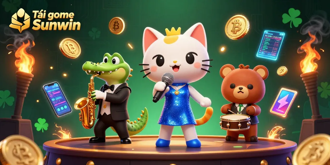 Tải game Sunwin in a vibrant casino scene featuring a jazz-singer cat, saxophone crocodile, and drum-playing bear.
