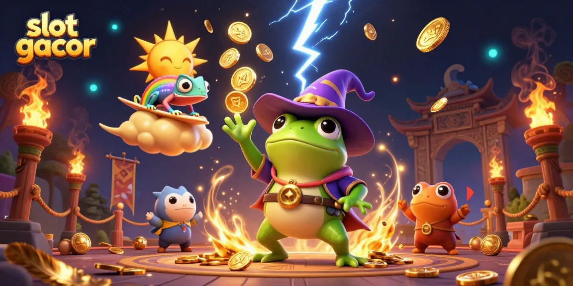 Menangkan slot gacor dengan karakter dalam ilustrasi ceria mengelilingi koin emas.