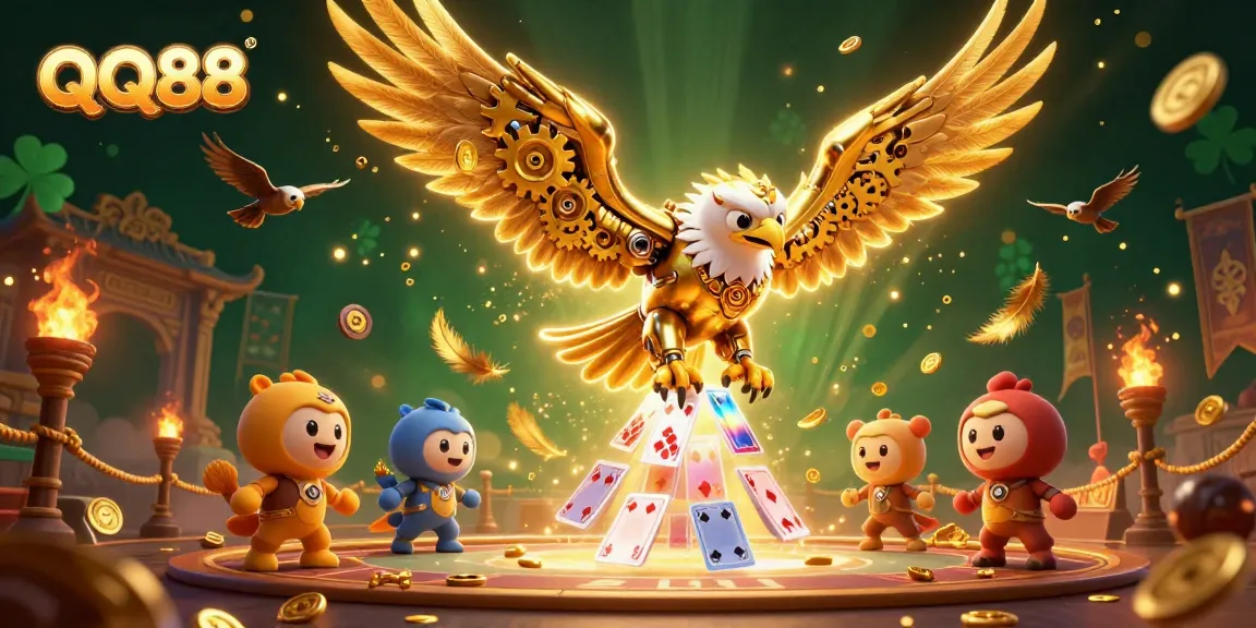 Engage in thrilling experiences with QQ88, as a golden eagle dives through holographic cards amidst an intense casino atmosphere.