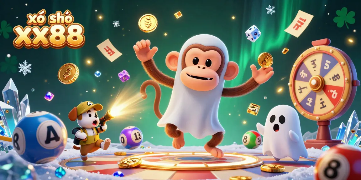 Playful scene of xổ số xx88 with a mischievous monkey juggling lottery elements while a puppy tracks it.