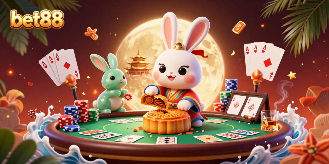 Experience the thrill of poker at bet88 with golden mooncakes revealing poker chips in a vibrant casino scene.