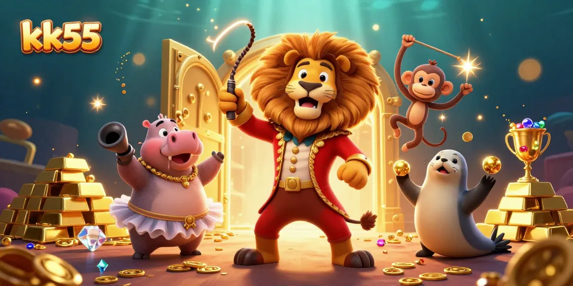 Experience luck with kk55 in this vibrant 3D casino scene filled with golden treasures and characters.