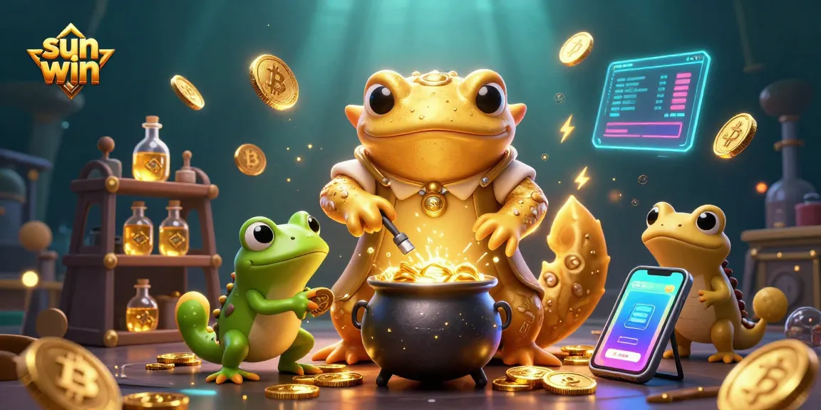 Experience sun win with a 3D alchemist scene, showcasing vibrant casino and crypto elements.