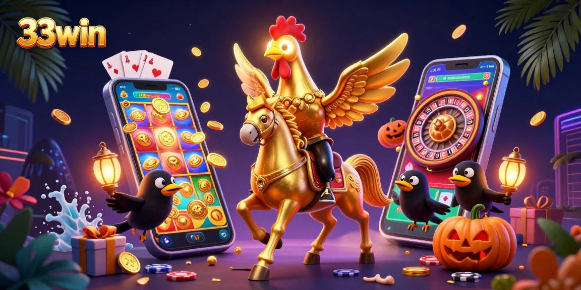 Experience the thrilling action of 33win at a vibrant casino with golden rooster characters and exciting game elements.
