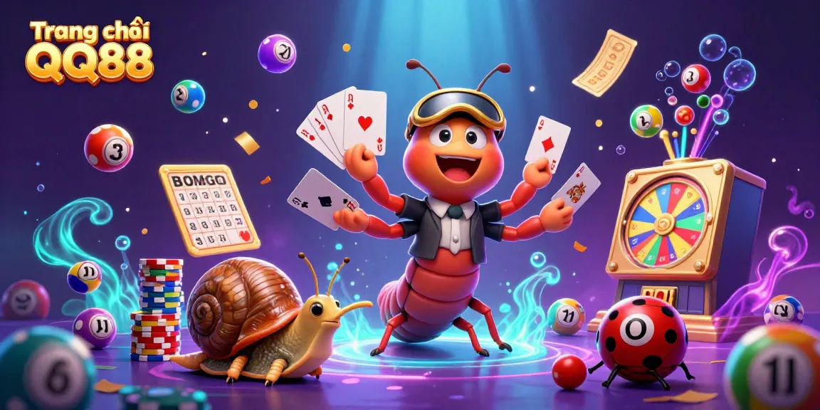 Engage with Trang chủ QQ88's vibrant 3D casino scene featuring a millipede dealer and lottery elements.