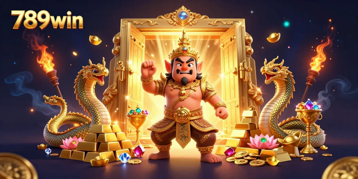 Experience the thrills of 789win with gold treasures and dynamic casino elements featuring guardian characters.