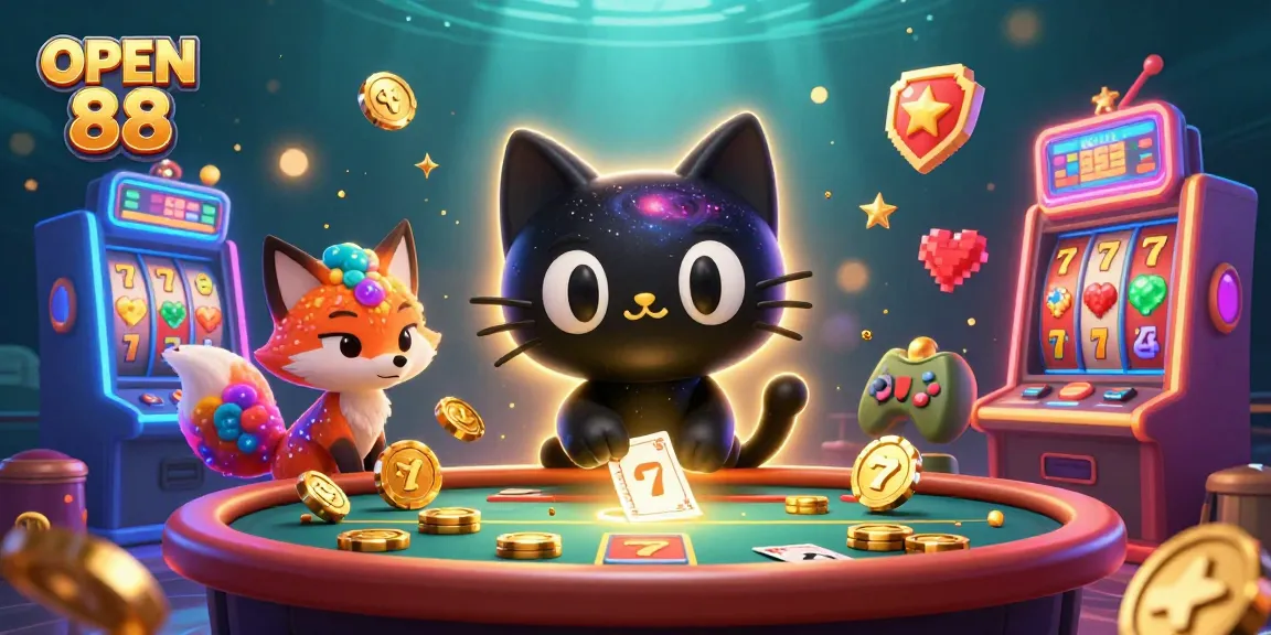 Engage in thrilling gameplay at OPEN 88, featuring a cosmic casino table surrounded by vibrant gaming elements.